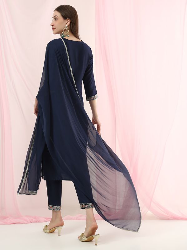 Globus Women Blue Round Neck Sequinned Floral Embroidered Straight Kurta with Pants & Gotta Lace Dupatta Festive Set