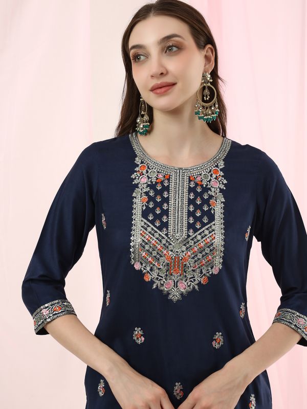 Globus Women Blue Round Neck Sequinned Floral Embroidered Straight Kurta with Pants & Gotta Lace Dupatta Festive Set