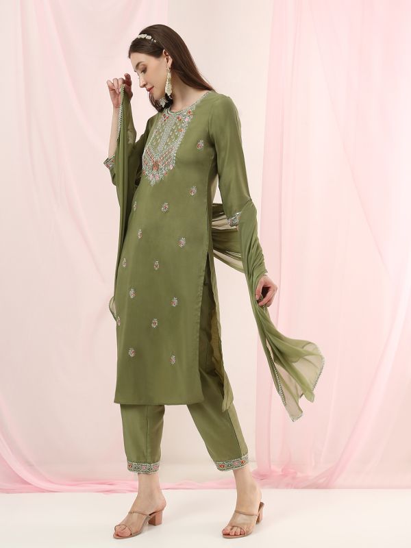 Globus Women Green Round Neck Sequinned Floral Embroidered Straight Kurta with Pants & Gotta Lace Dupatta Festive Set