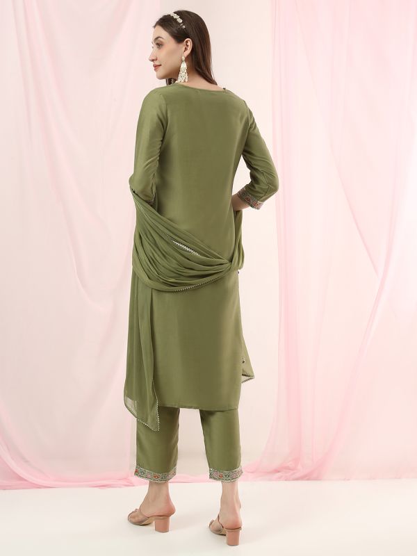 Globus Women Green Round Neck Sequinned Floral Embroidered Straight Kurta with Pants & Gotta Lace Dupatta Festive Set