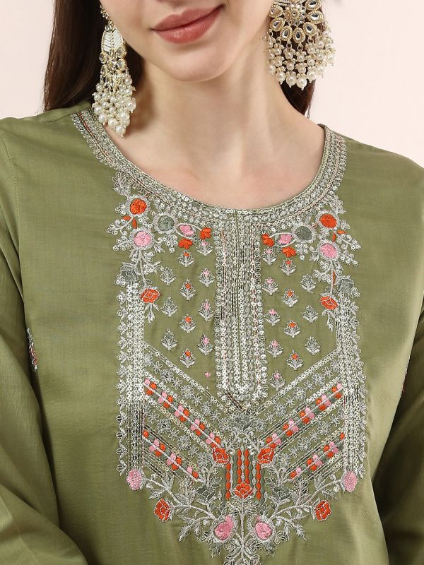 Globus Women Green Round Neck Sequinned Floral Embroidered Straight Kurta with Pants & Gotta Lace Dupatta Festive Set