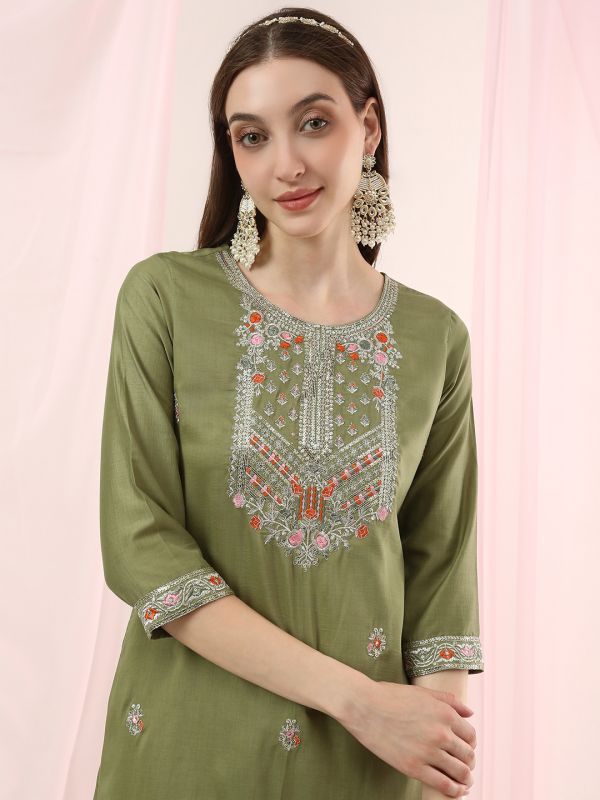 Globus Women Green Round Neck Sequinned Floral Embroidered Straight Kurta with Pants & Gotta Lace Dupatta Festive Set