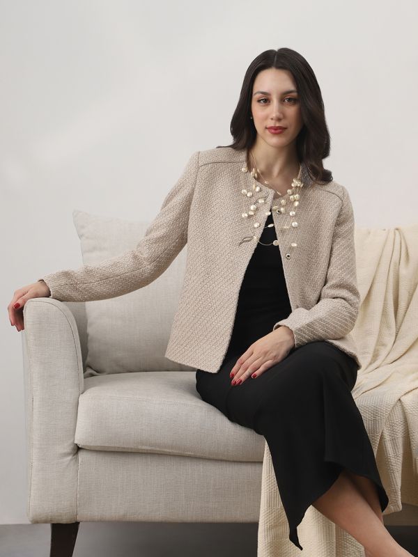 Globus Women Charcoal Texture Self Design Round Neck Long Sleeve 2 Side Pocket Tailored Fit Winterwear Overcoat