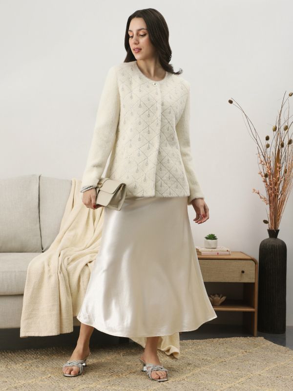 Globus Women White Self Design Embellished Work Round Neck Long Sleeves Suede 2 Pocket Soft Functional Winterwear Overcoat