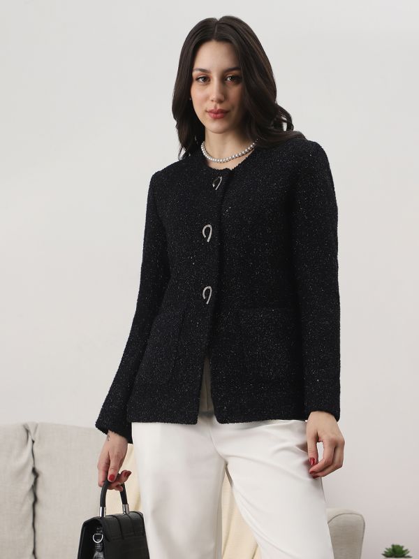 Globus Women Black Round Neck Long Sleeves Shimmer Self Design 2 Pockets Tailored Fit Winter Wear Overcoat