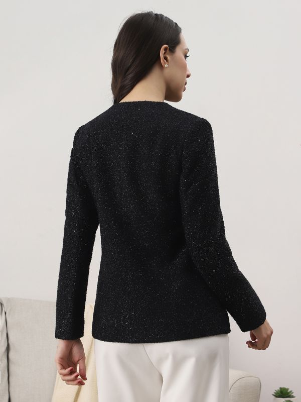 Globus Women Black Round Neck Long Sleeves Shimmer Self Design 2 Pockets Tailored Fit Winter Wear Overcoat