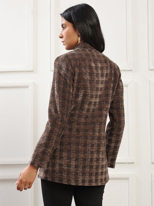 Globus Women Camel Brown Mock Collar Long Sleeves Self Checkered 2 Pockets Hip Length Winterwear Overcoat