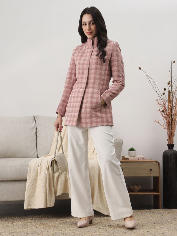 Globus Women Pink Mock Collar Long Sleeves Self Checkered 2 Pockets Hip Length Winterwear Overcoat