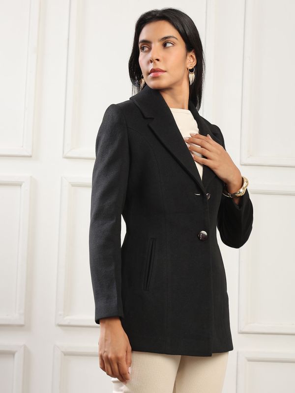 Globus Women Black Notched Lapel Long Sleeves Solid 2 Pockets Soft Functional Hip Length Winterwear Overcoat