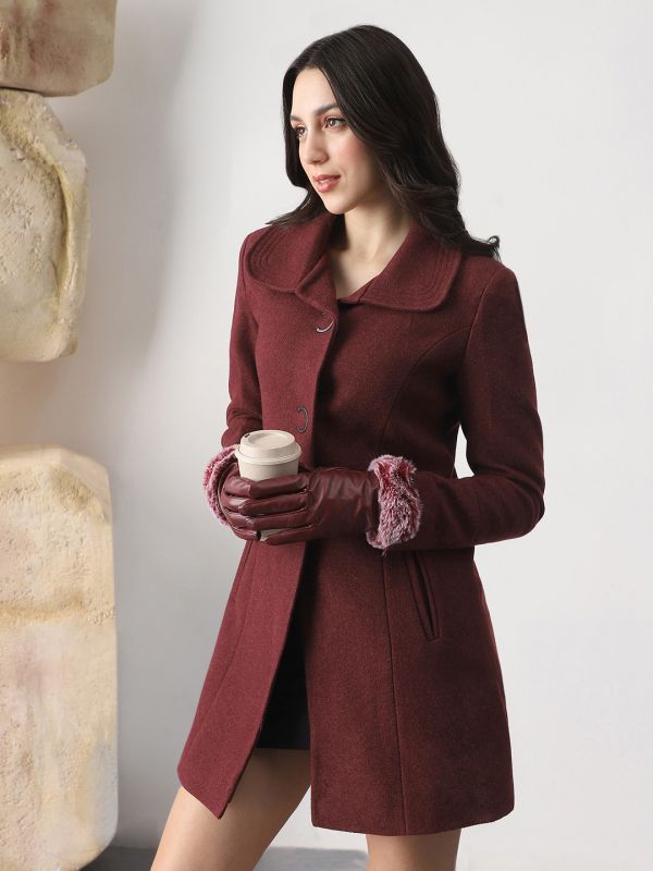 Globus Women Burgundy Self Design Peter Pan Collar Long Sleeve Hip Length Tailored Fit Overcoat