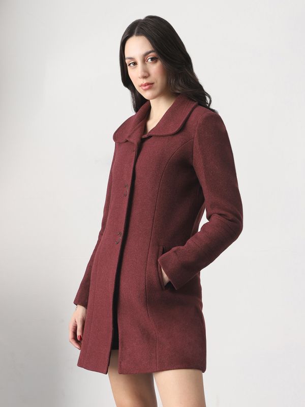 Globus Women Burgundy Self Design Peter Pan Collar Long Sleeve Hip Length Tailored Fit Overcoat