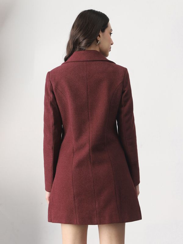 Globus Women Burgundy Self Design Peter Pan Collar Long Sleeve Hip Length Tailored Fit Overcoat