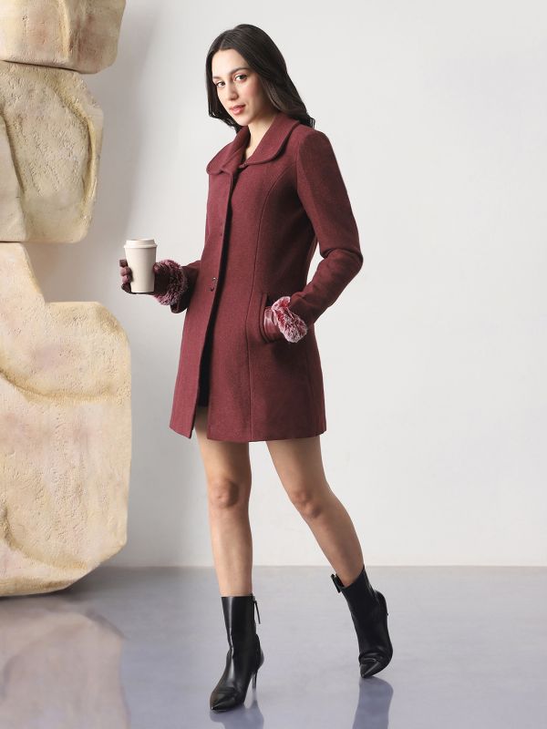 Globus Women Burgundy Self Design Peter Pan Collar Long Sleeve Hip Length Tailored Fit Overcoat