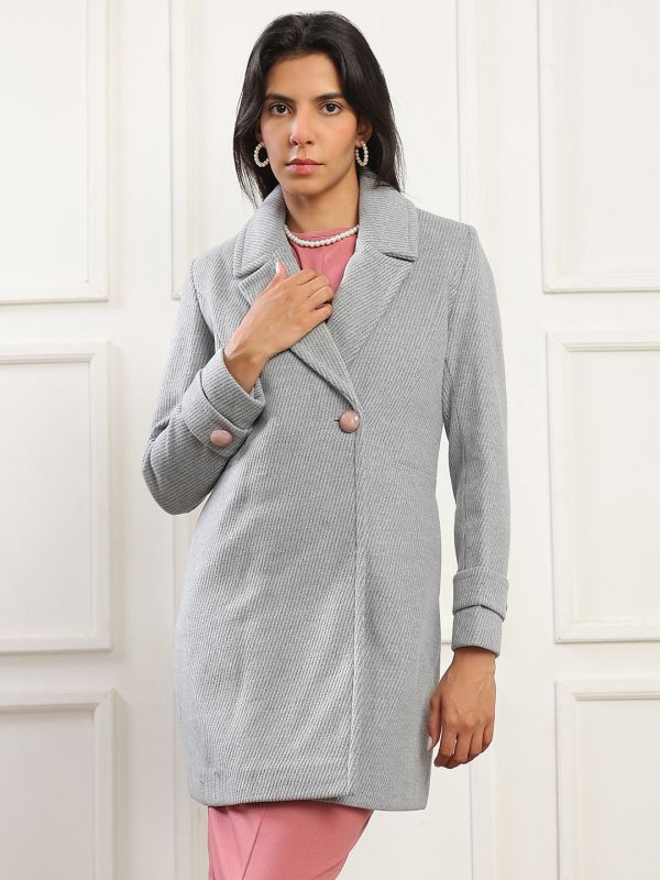 Globus Women Blue Notched Lapel Long Sleeves Striped Self Design 2 Pockets Hip Length Winterwear Overcoat