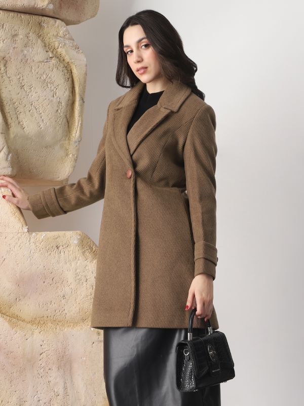 Globus Women Beige Notched Lapel Long Sleeves Striped Self Design 2 Pockets Hip Length Winterwear Overcoat