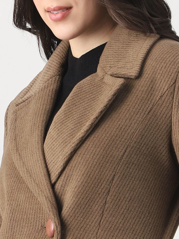 Globus Women Beige Notched Lapel Long Sleeves Striped Self Design 2 Pockets Hip Length Winterwear Overcoat