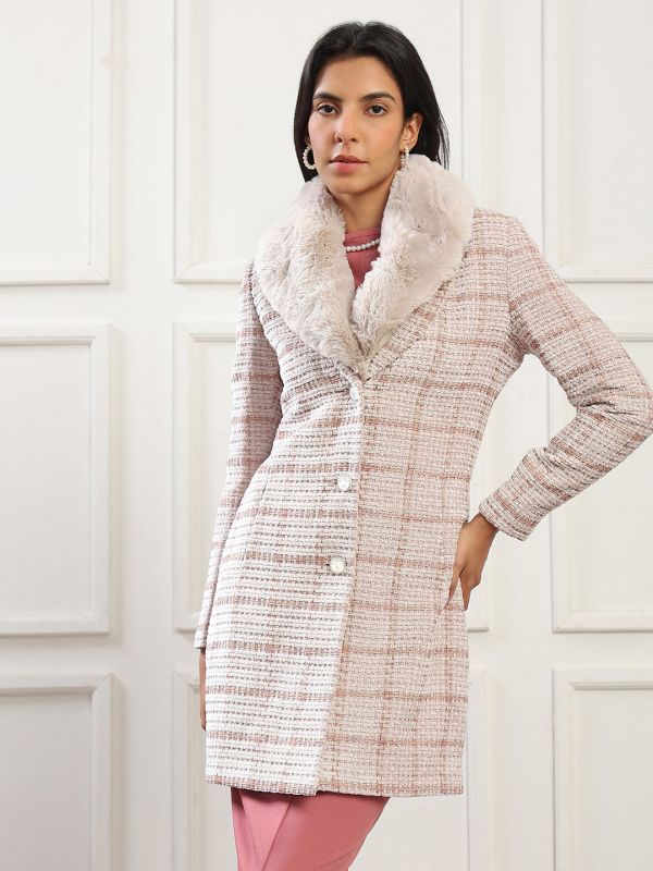 Globus Women Bronze Shawl Collar Long Sleeves Checkered Self Design Faux Fur Detail 2 Pockets Hip Length Winterwear Overcoat