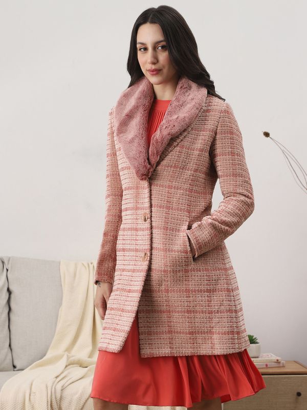 Globus Women Coral Shawl Collar Long Sleeves Checkered Self Design Faux Fur Detail 2 Pockets Hip Length Winterwear Overcoat