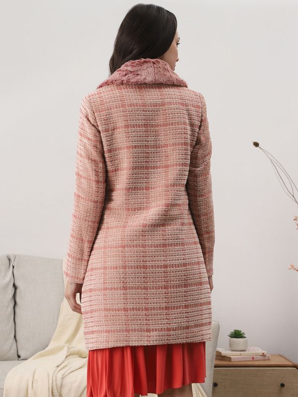 Globus Women Coral Shawl Collar Long Sleeves Checkered Self Design Faux Fur Detail 2 Pockets Hip Length Winterwear Overcoat