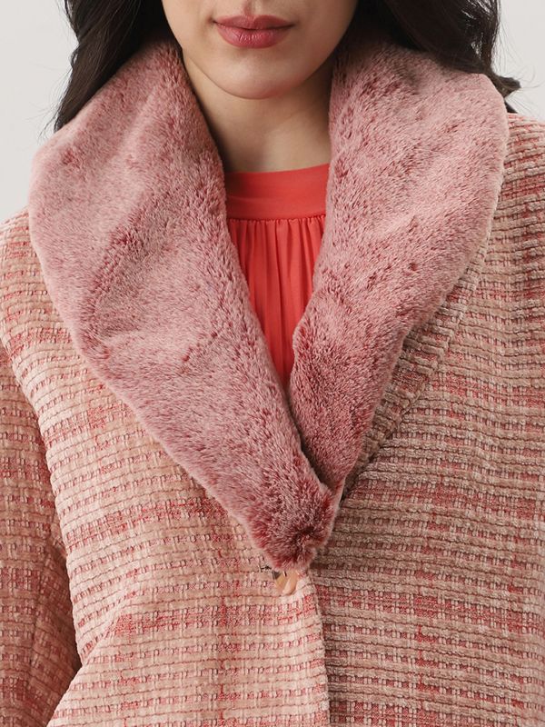 Globus Women Coral Shawl Collar Long Sleeves Checkered Self Design Faux Fur Detail 2 Pockets Hip Length Winterwear Overcoat