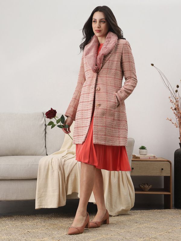 Globus Women Coral Shawl Collar Long Sleeves Checkered Self Design Faux Fur Detail 2 Pockets Hip Length Winterwear Overcoat