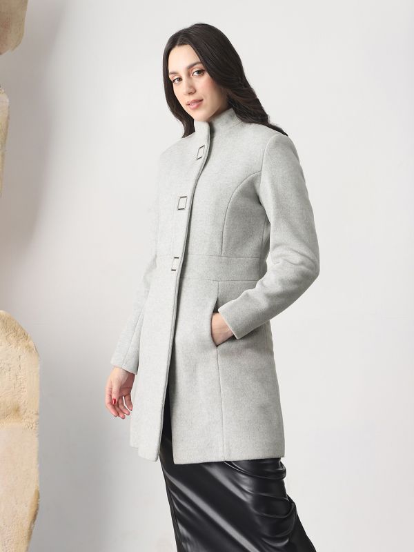 Globus Women Grey Self Design Mock Collar Long Sleeve Knee Length Tailored Fit Winterwear Overcoat 