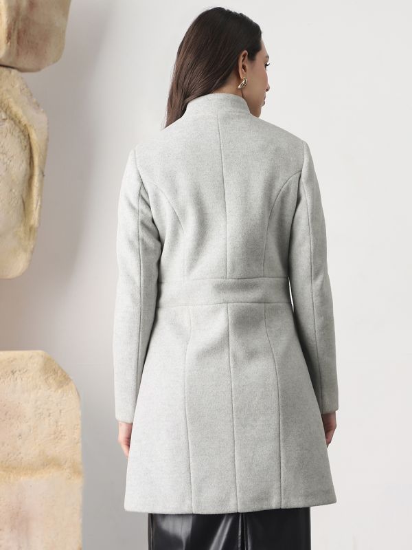 Globus Women Grey Self Design Mock Collar Long Sleeve Knee Length Tailored Fit Winterwear Overcoat 