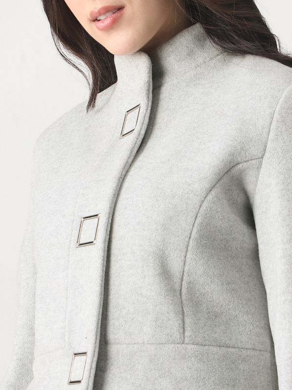 Globus Women Grey Self Design Mock Collar Long Sleeve Knee Length Tailored Fit Winterwear Overcoat 
