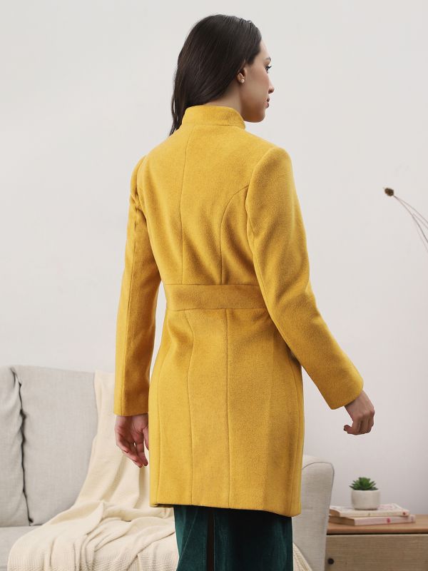Globus Women Gold Self Design Mock Collar Long Sleeve Knee Length Tailored Fit Winterwear Overcoat