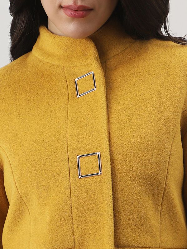 Globus Women Gold Self Design Mock Collar Long Sleeve Knee Length Tailored Fit Winterwear Overcoat