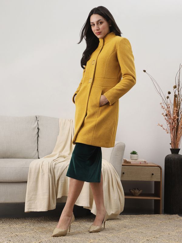 Globus Women Gold Self Design Mock Collar Long Sleeve Knee Length Tailored Fit Winterwear Overcoat