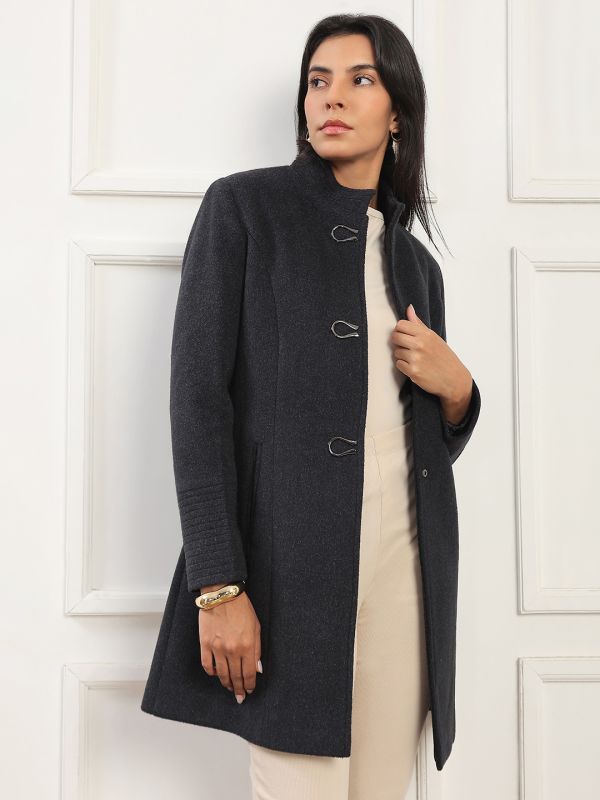 Globus Women Navy Mock Collar Long Sleeves Solid 2 Zipper Pockets Soft Functional Hip Length Winterwear Overcoat