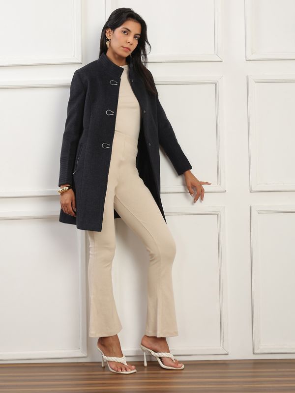 Globus Women Navy Mock Collar Long Sleeves Solid 2 Zipper Pockets Soft Functional Hip Length Winterwear Overcoat