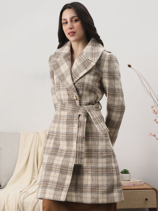 Globus Women Gold Notched Lapel Long Sleeves Checkered Self Design Winter Wear Overcoat with Belt