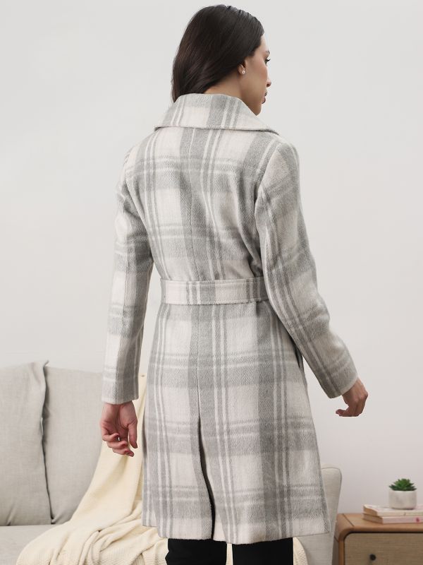 Globus Women White Notched Lapel Long Sleeves Checkered Self Design Winter Wear Overcoat with Belt