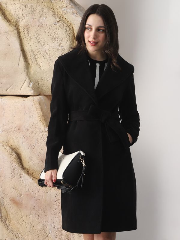 Globus Women Black Shawl Collar Long Sleeves Self Design Winter Wear Overcoat with Belt
