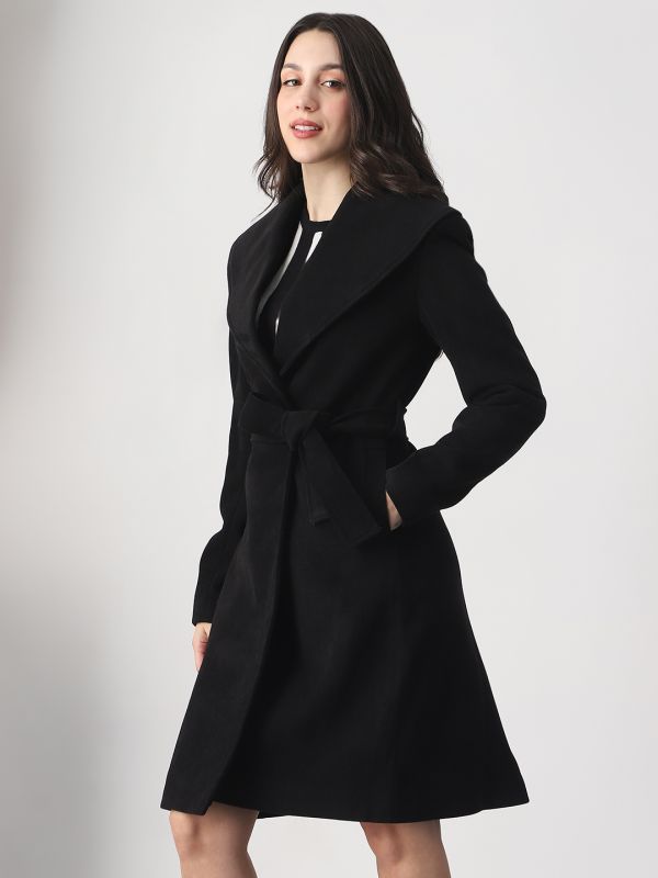 Globus Women Black Shawl Collar Long Sleeves Self Design Winter Wear Overcoat with Belt