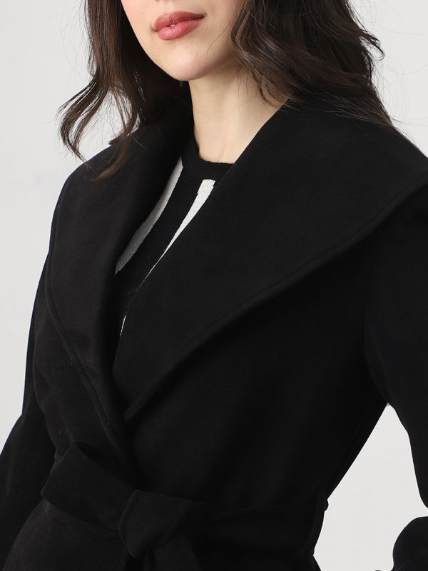 Globus Women Black Shawl Collar Long Sleeves Self Design Winter Wear Overcoat with Belt