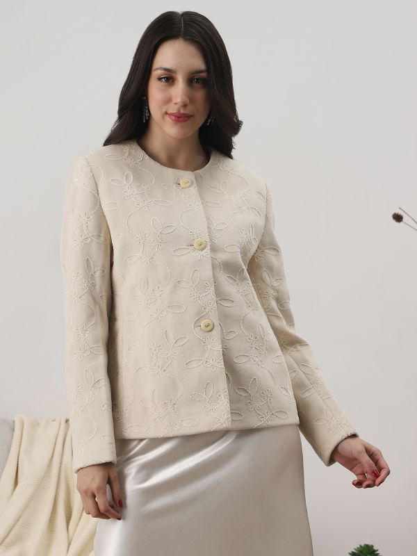Globus Women Off White Round Neck Long Sleeves Floral Self Design Winter Wear Overcoat