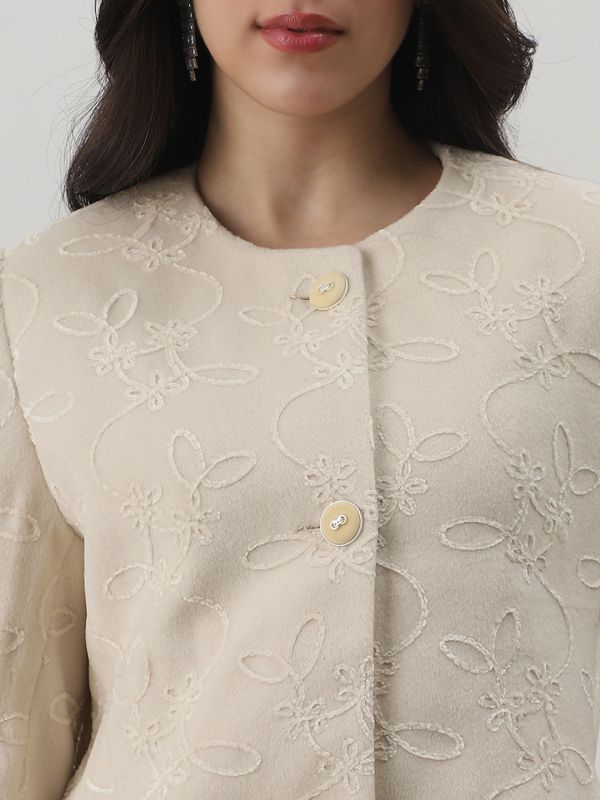 Globus Women Off White Round Neck Long Sleeves Floral Self Design Winter Wear Overcoat
