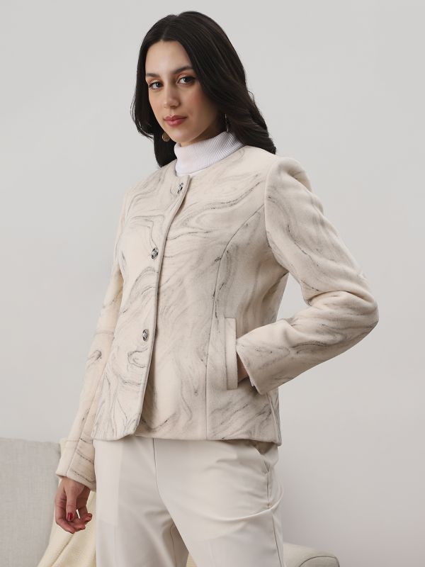 Globus Women Off White Round Neck Long Sleeves Self Design Winter Wear Overcoat