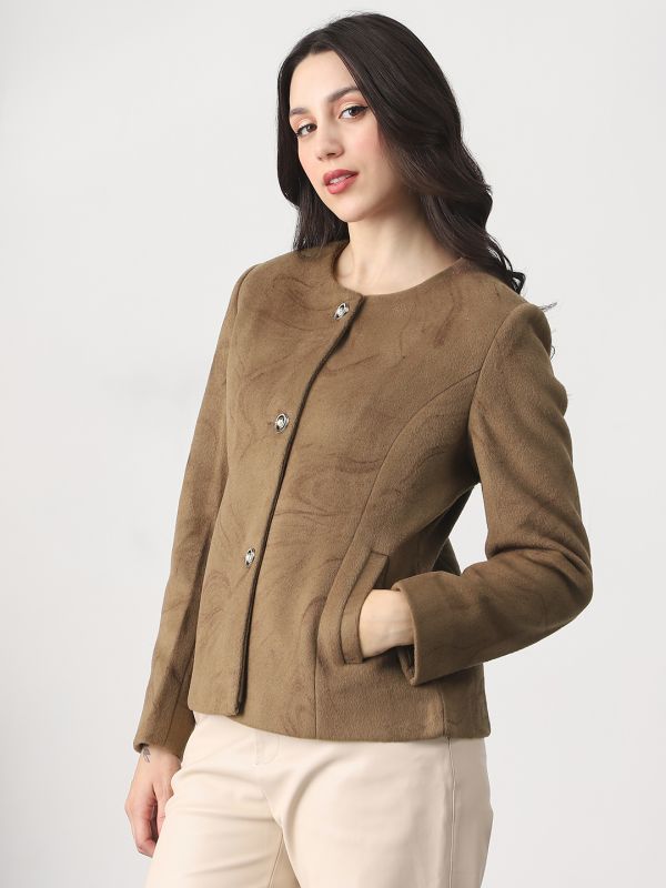 Globus Women Brown Round Neck Long Sleeves Self Design Winter Wear Overcoat