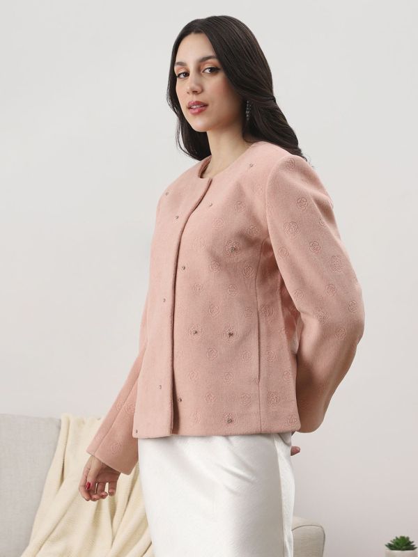 Globus Women Pink Round Neck Long Sleeves Floral Self Design Embellished Wool 2 Pockets Winterwear Overcoat