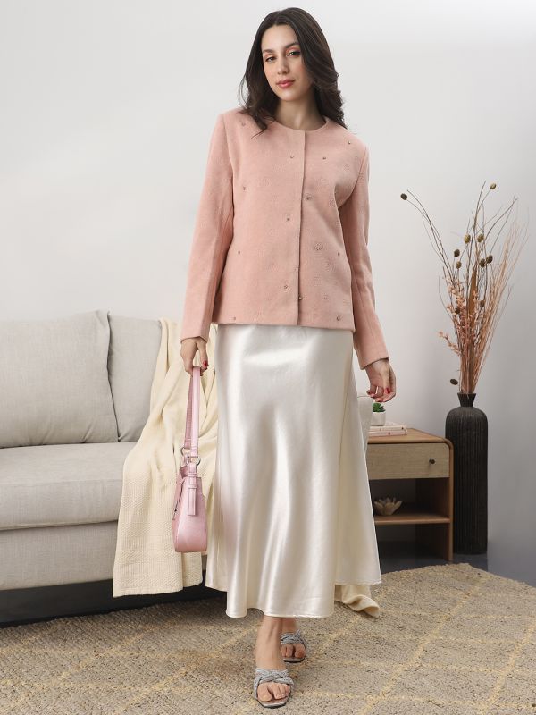 Globus Women Pink Round Neck Long Sleeves Floral Self Design Embellished Wool 2 Pockets Winterwear Overcoat