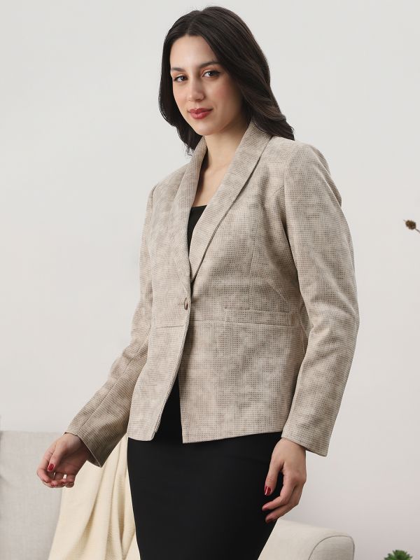 Globus Women Beige Shawl Collar Long Sleeves Self Design 2 Pockets Winterwear Overcoat