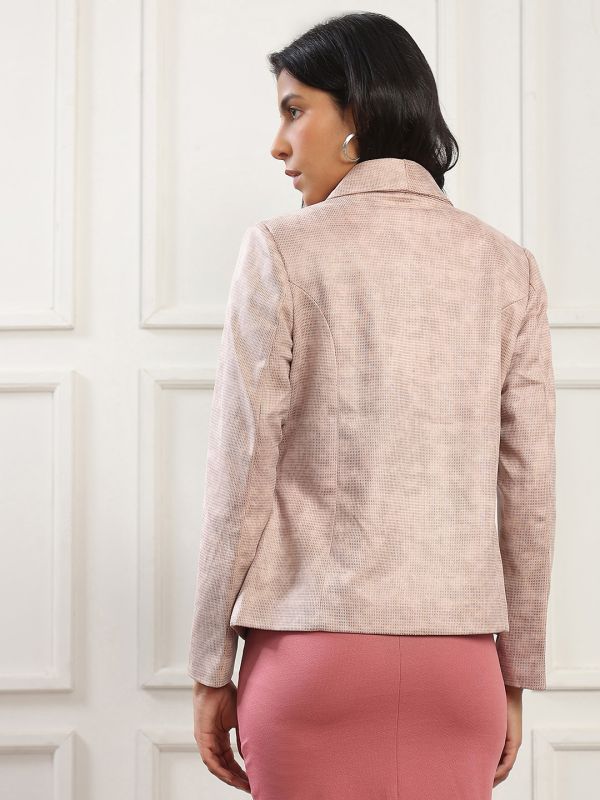 Globus Women Pink Shawl Collar Long Sleeves Self Design 2 Pockets Winterwear Overcoat