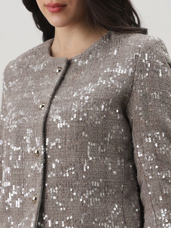 Globus Women Grey Round Neck Long Sleeves Embellished 2 Pockets Winterwear Overcoat