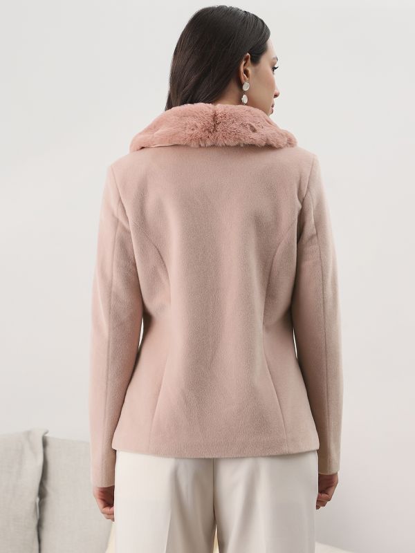 Globus Women Pink Peter Pan Collar Long Sleeves Faux Fur Detail 2 Pockets Winterwear Overcoat