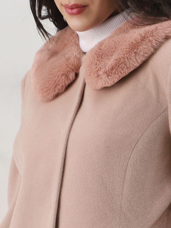 Globus Women Pink Peter Pan Collar Long Sleeves Faux Fur Detail 2 Pockets Winterwear Overcoat