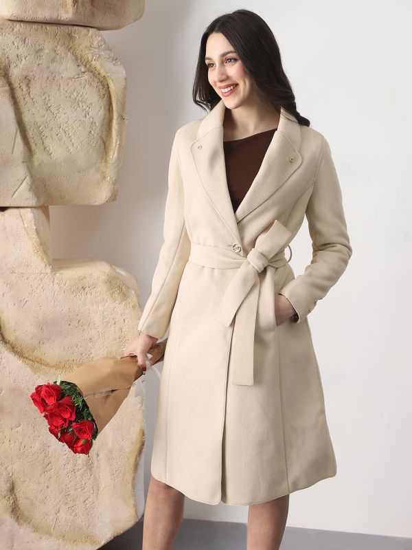 Globus Women Beige Shawl Collar Long Sleeves Solid 2 Pockets Winterwear Trench Coat With Belt